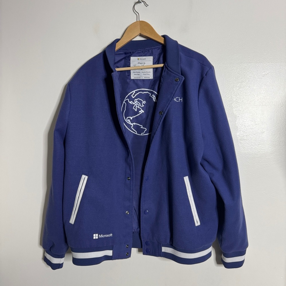 Microsoft Team Varsity Bomber Jacket Blue Men's Medium Embroidered‎ Globe Logo